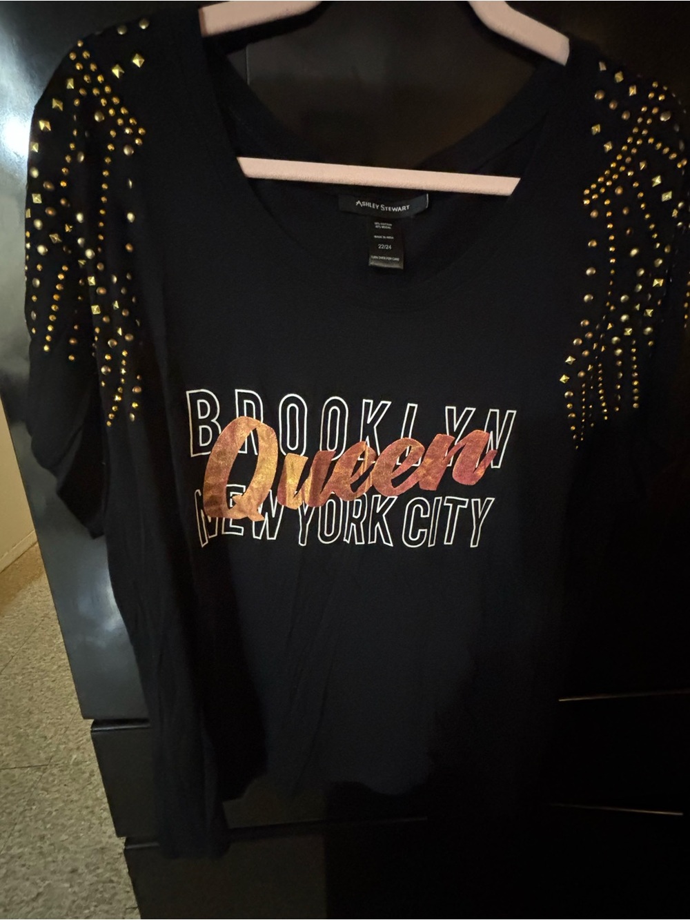Ashley Stewart Black Short-Sleeve Studded 'Queen' Graphic Tee